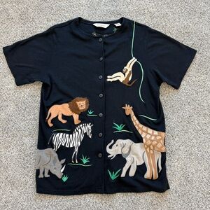 Vtg Bechamel Black Cotton Jersey Cardigan Button Top Safari Animals Zoo Women L